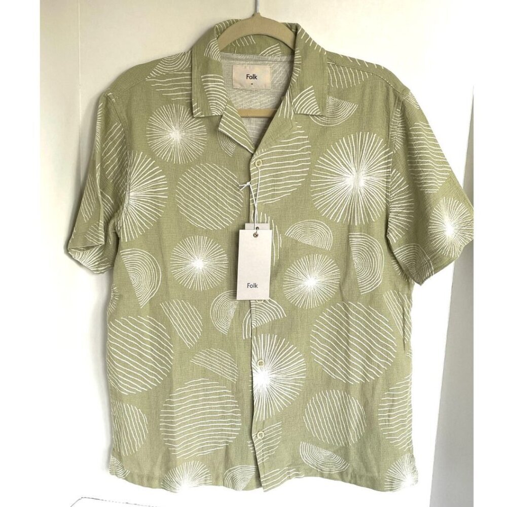 Folk Jay Shirt Men’s Medium Khaki Cotton Short Sleeve Geometric Relaxed